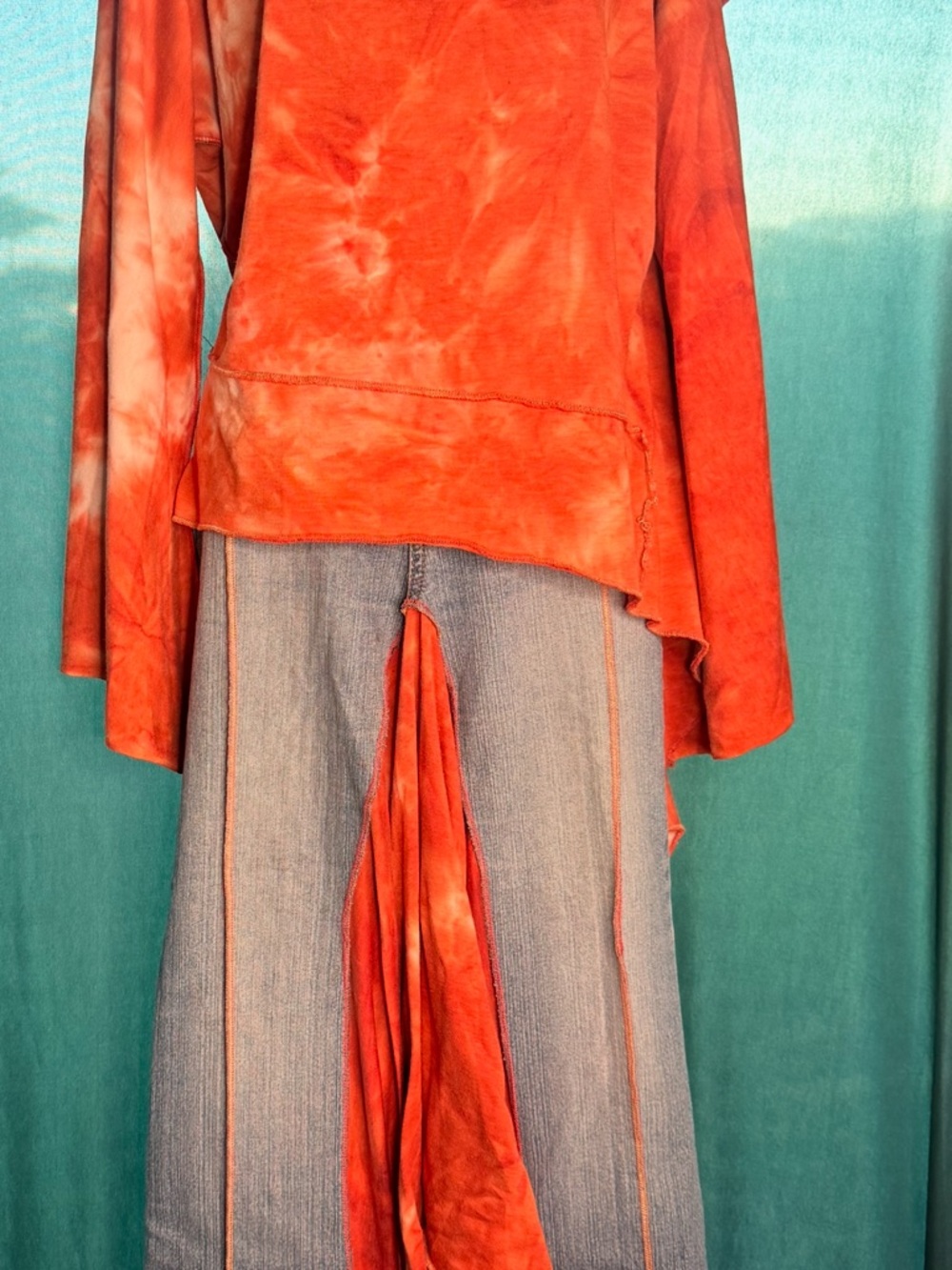 Tie-Dye Red Orange Long Sleeve Top with Jean skirt .